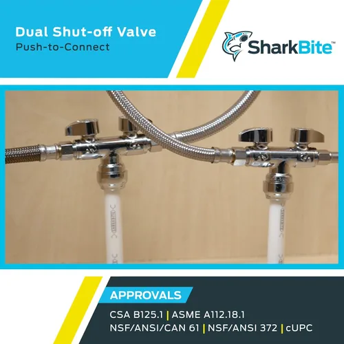 Vista 5 de SharkBite Válvula de bola de latón de un cuarto de vuelta de doble cierre, empuje de 1/2 pulgada para conectar x compresión de OD de 3/8 pulgadas x