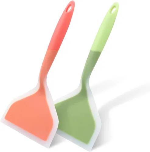 Vista 6 de 2 espátulas Wok de gel de sílice, espátula ancha para panqueques, antiadherente, resistente al calor, con mango corto para cocinar, hornear y freír