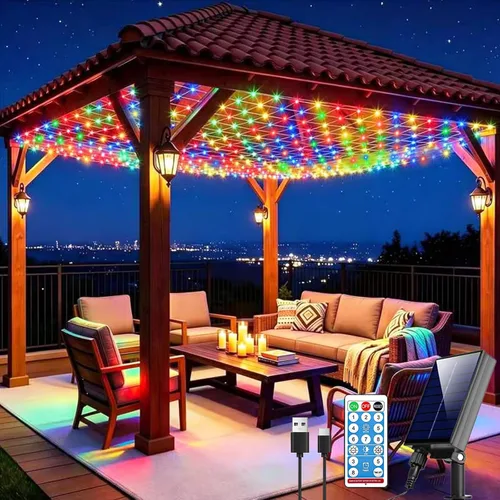 Vista 38 de Pooqla Luces de red solar, 10 x 10 pies, 280 luces LED de red para cenador al aire libre con 8 modos, funciona con energía solar y USB, impermeable