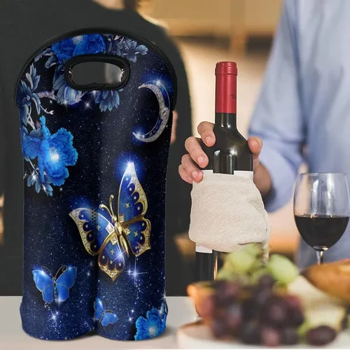 Vista 4 de doginthehole Bolsa de vino de mariposa azul con asa de neopreno para vino, champán, bolsas de cerveza, reutilizable, lavable, portátil, 2 botellas