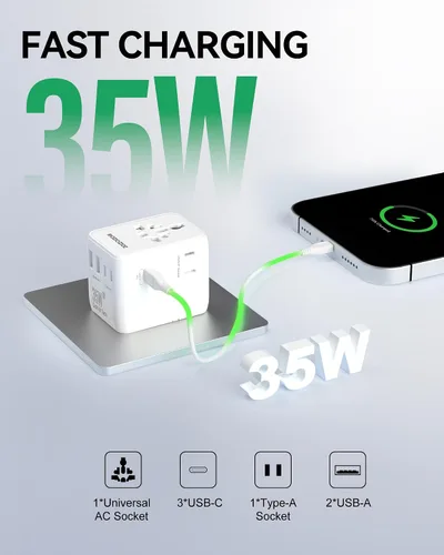 Vista 3 de Adaptador de enchufe de viaje universal de 35 W, adaptador de corriente de carga rápida de 7 puertos PD&QC (2AC y 2USB-A y 3USB-C), cargador