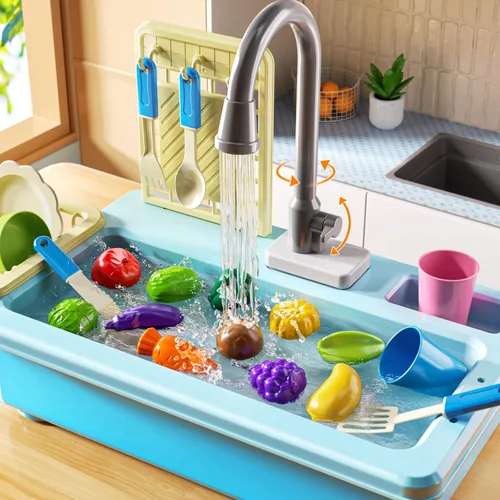 Vista 8 de JUKUDAHU - Lavaplatos de juguete con agua corriente, juguetes de cocina con fregadero para niños de 3, 4, 5, 6 y 7 años de edad, lavavajillas
