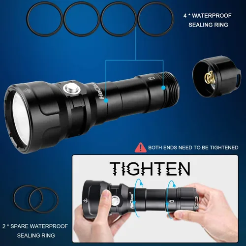 Vista 9 de Linterna de buceo de 2000 lúmenes, luz de buceo subacuática recargable para buceo IPX8 impermeable 873 pies linterna LED súper brillante (PM70)