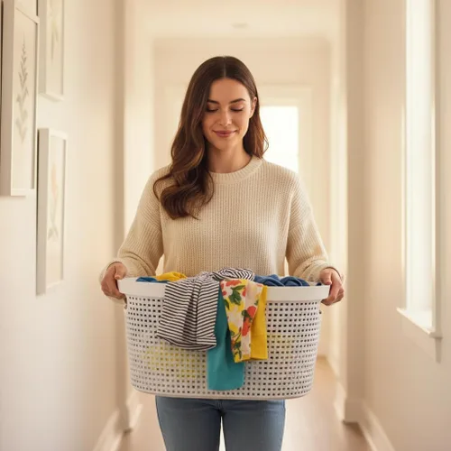 Vista 7 de Paquete de 4 cestas para la ropa sucia con mango recortado, cestas de plástico blanco, 40 L Dirty Clothes Storage Hamper