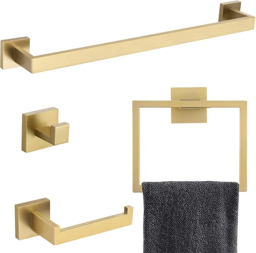 Vista 8 de Juego de 4 soportes para toallas de baño, juego de accesorios de baño de acero inoxidable negro y dorado, montaje en pared, 23.6 pulgadas