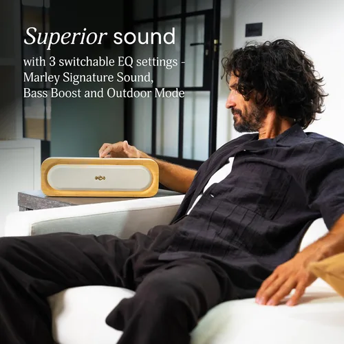 Vista 2 de House of Marley Get Together 3 bocina Bluetooth, 10 horas de reproducción, carga rápida USB-C, modos de sonido EQ, luz LED ambiental, rango Crema
