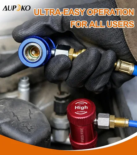 Vista 7 de Aupoko R1234yf Acoplador rápido, ajustable R1234yf Adaptador de acopladores rápidos de lado alto y bajo con destello SAE de 1/4", herramientas