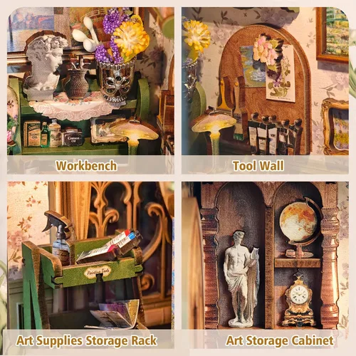 Vista 4 de Monet's Studio Book Rook Kit con luz LED y cubierta antipolvo, kit de casa en miniatura de bricolaje, rompecabezas de madera 3D, kit de construcción