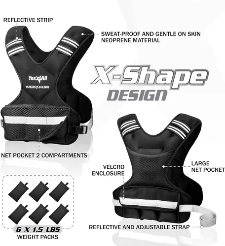 Vista 2 de Yes4All - Chaleco con peso ajustable de 11 a 32 libras con tira reflectante, chaleco de peso grande para entrenamiento de fuerza para hombres