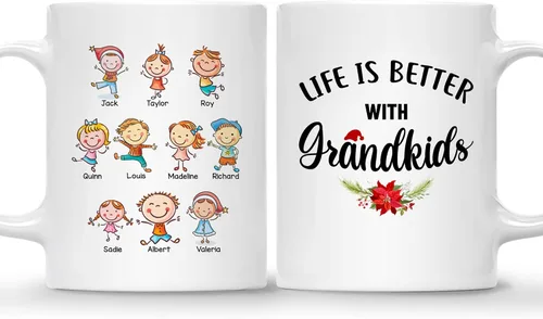 Vista 24 de Gossby Taza personalizada – GRANDKIDS MAKE LIFE MORE GRAND (1 niño) – Taza de café de cerámica de 11 onzas y 15 onzas para abuelos/abuelos – Idea