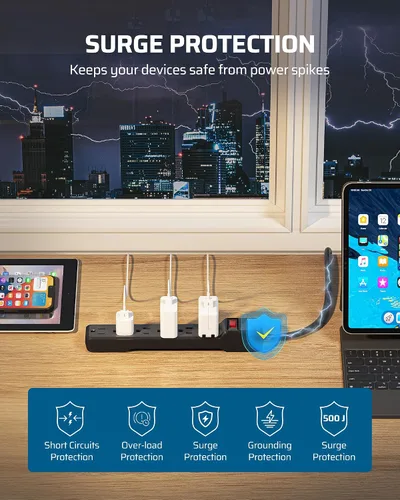 Vista 4 de DEWENWILS Multicontacto de 6 tomas con protector contra sobretensiones, cable de extensión de 15 pies, enchufe plano de bajo perfil, cortacircuito