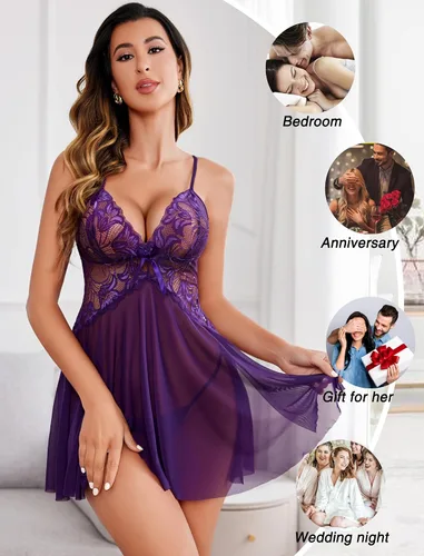 Vista 5 de Avidlove Lencería de encaje para mujer, babydoll sexy, camisa tipo chemise, camisón exótico para novia, camisón nupcial