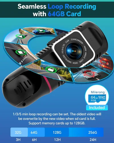 Vista 4 de Dash Cam frontal y trasera interior de 3 canales, cámara de tablero 1080P con tarjeta de 64 GB