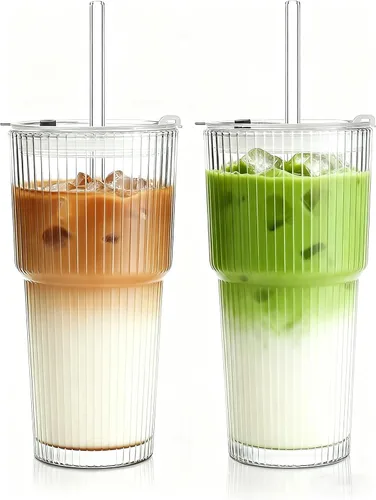 Vista 11 de Haundry Tazas de vidrio acanalado de 14 onzas con tapas y pajitas, paquete de 2 tazas de café helado, juego de cristalería gruesa, tazas de vidrio