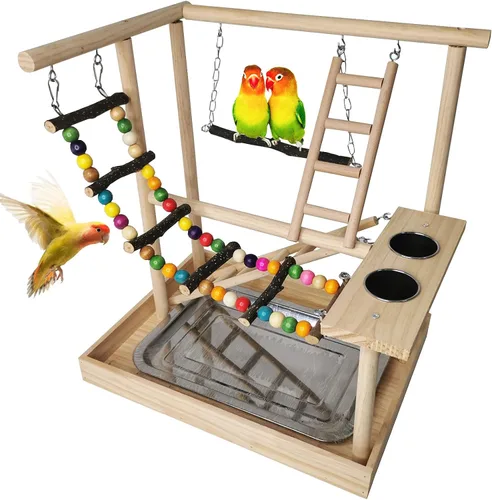 Vista 11 de Hamiledyi Parque de Loros Juguetes de Pájaros Soporte de Madera Ejercicio Perca Gimnasio con Tazas Alimentadoras Juguetes para Cacatúas con Escalera