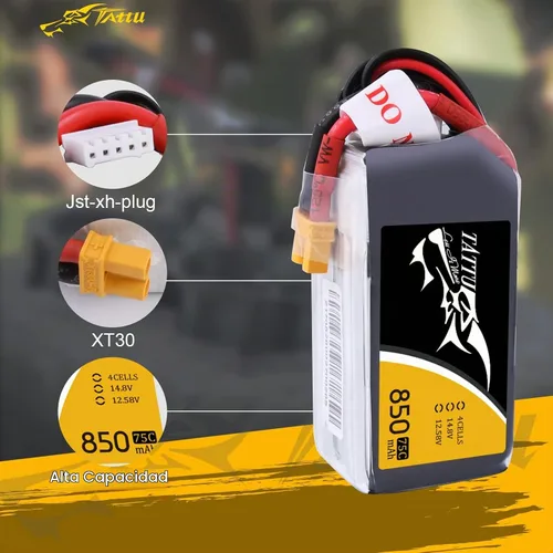 Vista 3 de Tattu Paquete de batería LiPo de 14.8V 4S 75C 850mAh con enchufe XT30 para multirotor FPV de tamaño 100 a 180 Owl Racing Quadcopter