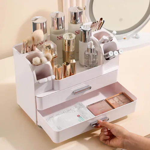 Vista 2 de Organizador de maquillaje Anyoifax para encimera con cajones grandes, organizador de tocador con soporte para brochas, almacenamiento