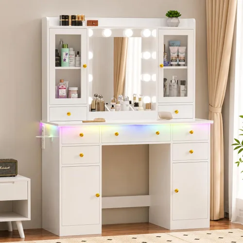 Vista 28 de Escritorio de maquillaje con espejo y luces, tocador negro de 43 pulgadas con parte superior de cristal, almacenamiento de joyas, 3 cajones