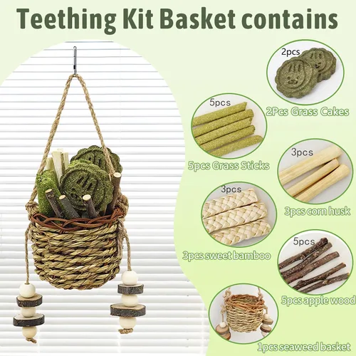 Vista 3 de kathson Juguetes masticables para conejos para moler dientes, tablero de rascado de madera para conejos con almohadillas para las patas, plataforma