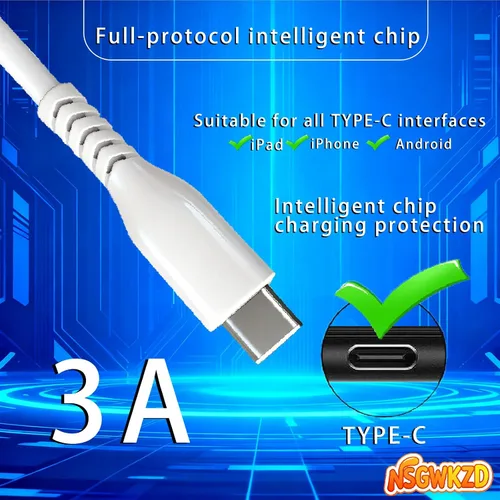 Vista 3 de Cable USB C blanco de 10 pies de largo, cable de carga rápida de 60 W, carga universal y sincronización de datos para dispositivo tipo C