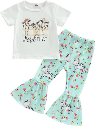 Vista 64 de fhutpw Conjunto de camiseta de manga corta con estampado de vaca y pantalones acampanados de dibujos animados para niñas