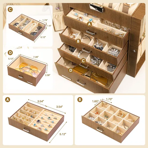 Vista 3 de Homde Caja de joyería enorme de cuero sintético, organizador de reloj con espejo, collar, anillo y aretes, caja de regalo con cerradura (marrón)
