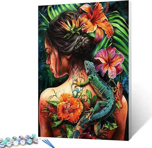 Vista 16 de Pintura por números para adultos, tatuajes de mujeres, pintura por números sobre lienzo, fácil de pintar para principiantes, tatuajes de flores