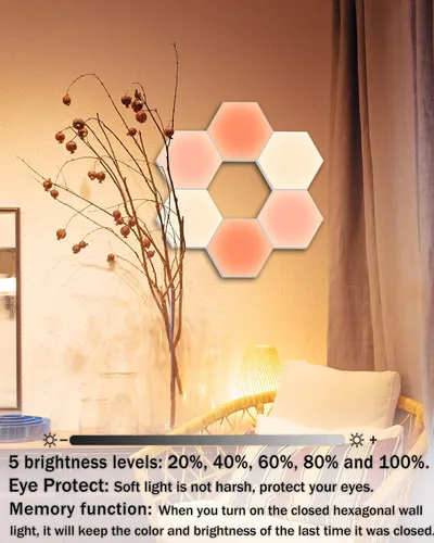 Vista 5 de Luces hexagonales, luces de pared hexagonales RGB con control remoto, paneles de pared hexagonales inteligentes, luces de pared LED conmovedoras
