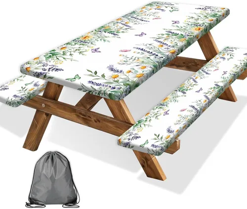 Vista 46 de Funda para Mesa de Picnic con Fundas para Bancos y Bolsa, Campista de Madera Impermeable Resistente al Viento, Cubierta de Mantel Ajustada con Borde