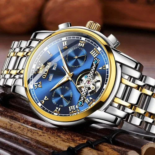 Vista 2 de OLEVS Reloj para hombre Tourbillon automático mecánico de cuerda automática reloj de pulsera de lujo con doble calendario de acero inoxidable