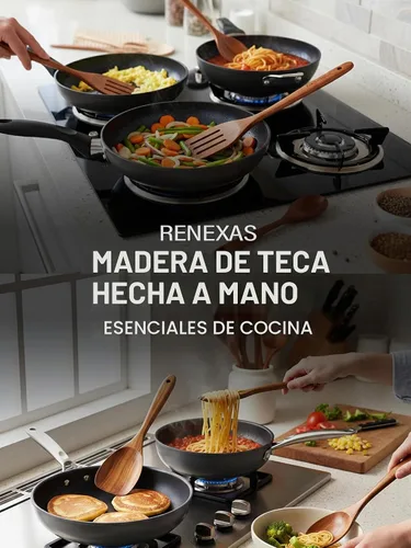 Vista 5 de Juego de utensilios de cocina de madera de teca para cocinar, cucharas