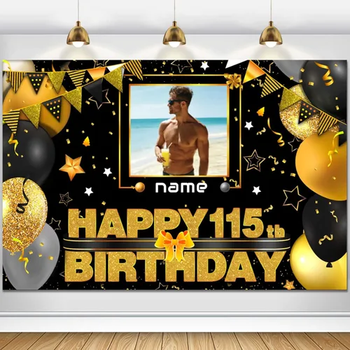 Vista 25 de Cartel decorativo personalizado de feliz cumpleaños número 100 - Personalización disponible - Negro y dorado - Tamaño grande - Admite fotos