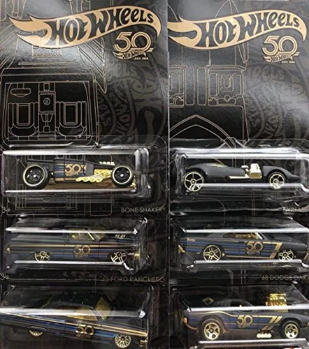 Vista 2 de HotWheels - Colección Hot Wheels 50th Anniversary Black & Gold 1:64 – Bone Shaker, Twin Mill, Rodger Dodger, Dodge Dart, Impala y Ford Ranchero