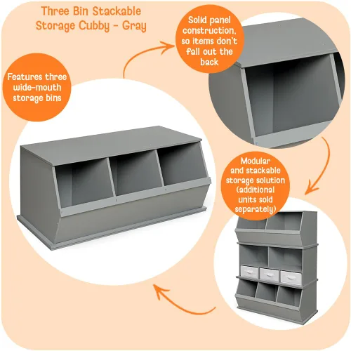 Vista 2 de Badger Basket Organizador apilable de almacenamiento de juguetes de tres cubos - gris