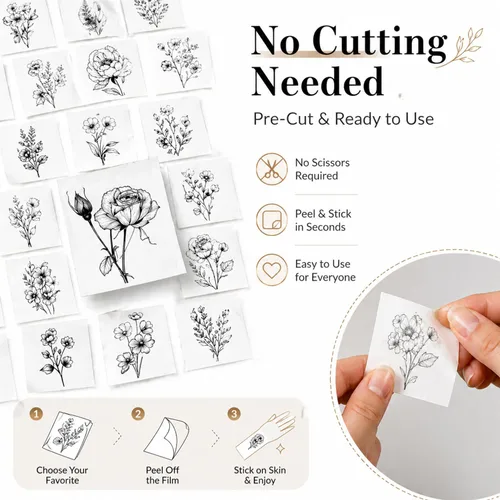 Vista 2 de 50 hojas de tatuajes temporales de ramas pequeñas de flores negras para mujeres y niñas, ramo de flores pequeñas, tatuaje temporal de plantas