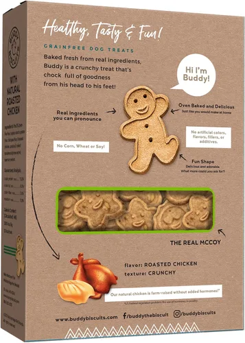Vista 2 de Buddy Biscuits Caja de 14 oz. de galletas crujientes sin granos para perros hechas con pollo natural asado
