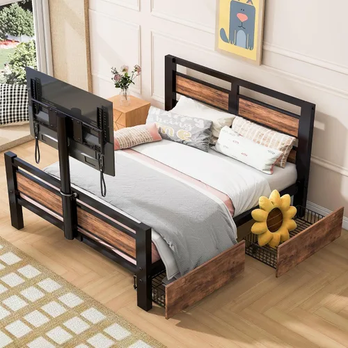 Vista 13 de VilroCaz Cama de plataforma de tamaño matrimonial con enchufes y puertos USB, marco de cama de plataforma de metal moderno con cajones, soporte