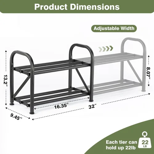 Vista 2 de Zapatero de 2 niveles para armario, zapatero expandible de 16 a 33 pulgadas, ajustable para entrada, armario, puerta, metal resistente, color negro