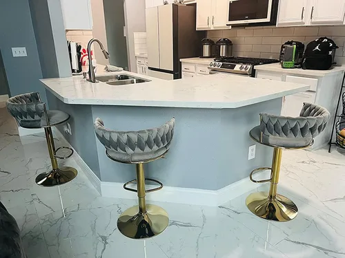 Vista 7 de Taburetes de bar modernos de terciopelo, juego de 3 taburetes de bar giratorios de 360°, altura de mostrador, taburetes de cocina para isla sillas