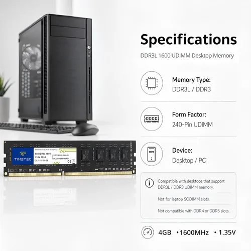 Vista 8 de Timetec Hynix Módulo de memoria grado A, IC, de 1600 megahercios, (PC3 12800), no ECC, sin memoria intermedia, CL11 de 1.35/1.5 voltios, con 240