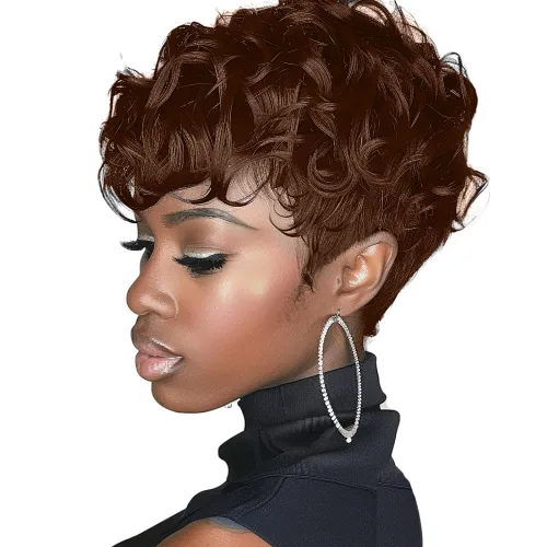 Vista 14 de MOONSHOW - Pelucas cortas de corte Pixie para mujeres negras, peluca de corte Pixie marrón Short Pixie Wigs for Black Women Natural Layered Short