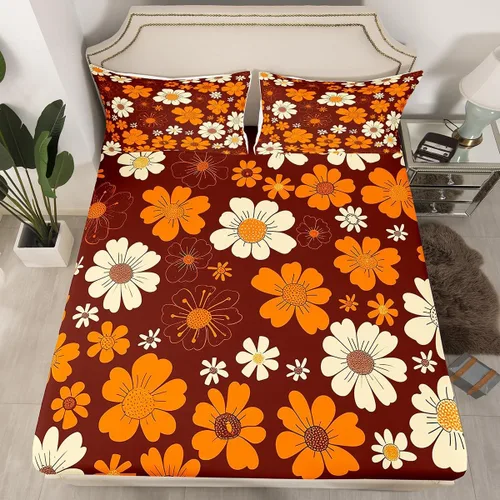 Vista 3 de Juego de sábanas para niños de los años 70 con diseño de flores Groovy Flowers, juego de ropa de cama hippie retro con 1 sábana encimera y 1 sábana