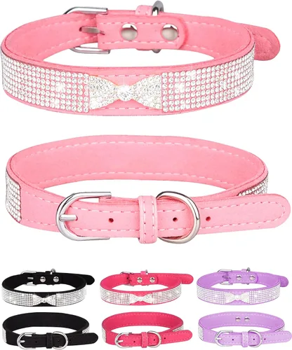 Vista 18 de Collar de perro para perros pequeños, collares ajustables de cuero de gamuza para perro, collar de perro rosa para gato, collar de perro
