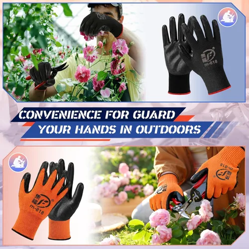 Vista 5 de Guantes de jardinería para hombres y mujeres, guantes de trabajo con revestimiento de goma transpirable para jardinería al aire libre, trabajo