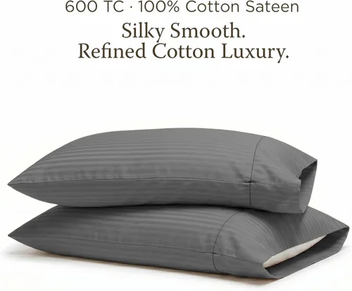 Vista 2 de Threadmill Home Linen Fundas de Almohada Estándar - 100% Algodón Natural 600 Número de Hilos, Juego de 2 Fundas de Almohada Damasco Gris Oscuro