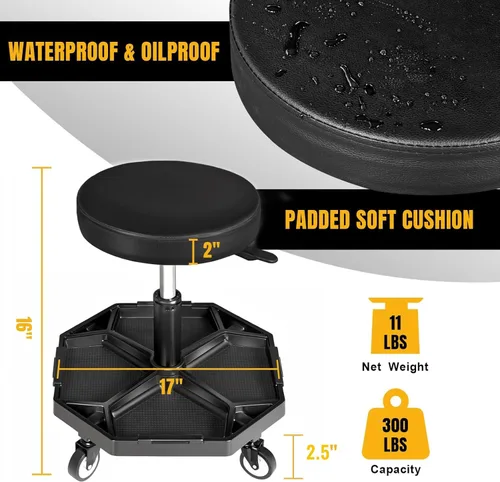 Vista 2 de YELLOW JACKET - Asiento rodante de garaje con ruedas de altura ajustable, taburete neumático para mecánico de 300 libras, asiento de arrastre Negro