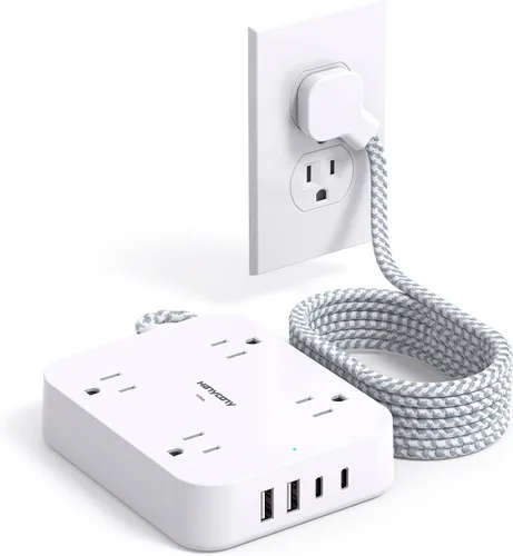 Vista 8 de Cable de Extensión con Enchufe Plano, HANYCONY Regleta de 5 pies con 4 Puertos USB (2 USB C), Extensor de 4 Tomas Amplias, Montaje en Pared