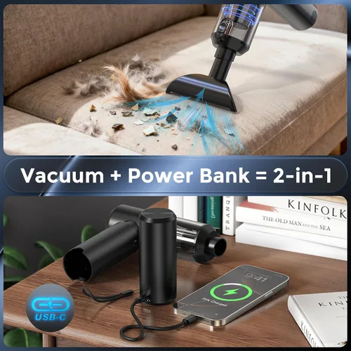 Vista 2 de Aspiradora de mano inalámbrica con banco de energía de 6000 mAh y luz LED, aspiradora 3 en 1 para automóvil, soplador de aire y cargador