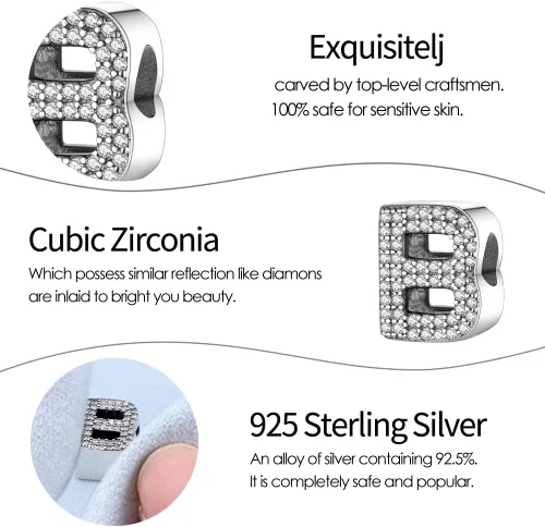 Vista 6 de TINSLO Dijes con iniciales del alfabeto, letras completas de la A a la Z, plata de ley 925, circonitas cúbicas, colgantes para pulseras europeas