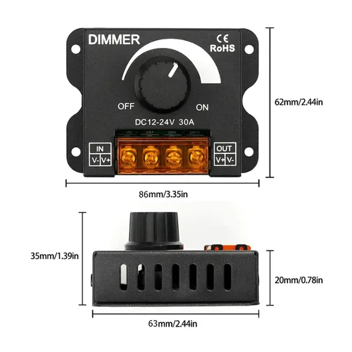 Vista 6 de Paquete de 2 interruptores de atenuación LED DC 12-24V 30A PWM Controlador de atenuación de brillo continuo para tira LED de un solo color 5050/3528